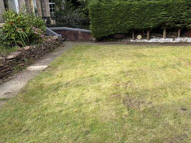 A garden with grass, a flower bed, and a stone wall at The Furness Haven in Barrow-In-Furness