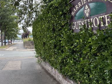 A view of a street with a hedge and a guesthouse sign at The Furness Haven in Barrow-In-Furness