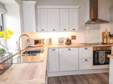 A kitchen with wooden countertops white cabinets a stainless steel sink and appliances at The Pottery in Newport Pembrokeshire