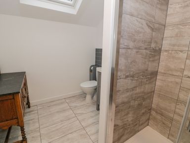 A bathroom with a toilet a wooden cabinet and a tiled shower area at Bronwen House in Llanbedr