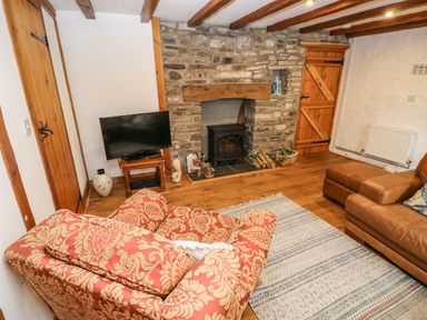A living room with a stone fireplace a television on a wooden stand two armchairs and a rug on wooden floor at Ty Crydd in Llansaint near Kidwelly