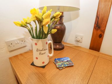 A wooden table with a ceramic jug holding yellow flowers a lamp and two colorful coasters at Ty Crydd in Llansaint near Kidwelly
