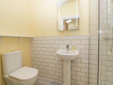 A bathroom with a toilet pedestal sink mirror and glass-enclosed shower at Belle Vue in Hay on Wye Herefordshire