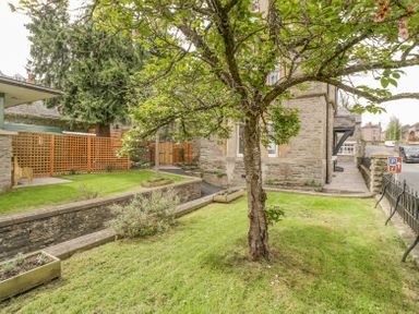 A garden with a tree and grass next to a stone building at Belle Vue in Hay on Wye Herefordshire
