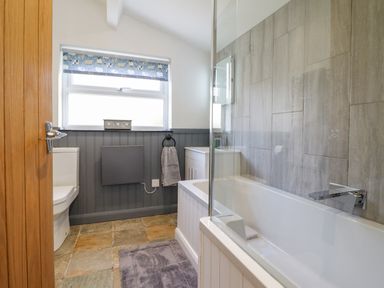 A bathroom with a bathtub shower combination toilet and sink at Ael Y Bryn in Ffestiniog