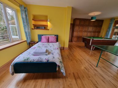 A room with a single bed with floral bedding and pink pillows a pool table wooden cabinets and a table tennis table at Cringoed House Llanarth near Aberaeron