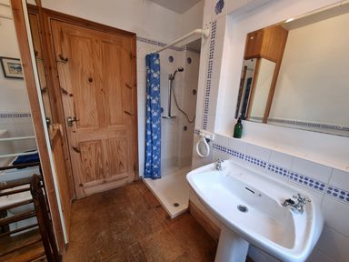 A bathroom with a white sink a mirror a wooden door a shower with a blue curtain with crab design and tiled walls at Cringoed House Llanarth near Aberaeron