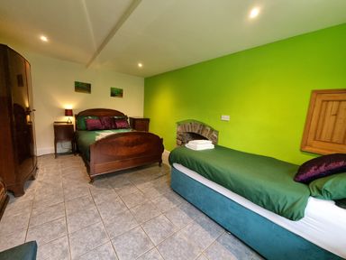A bedroom with two beds a green painted wall stone fireplace and wooden furniture at Cringoed House Llanarth near Aberaeron