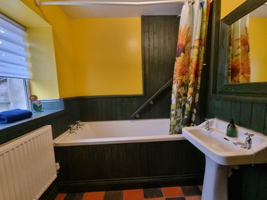 A bathroom with a bathtub a sink and a window at Cringoed House Llanarth near Aberaeron