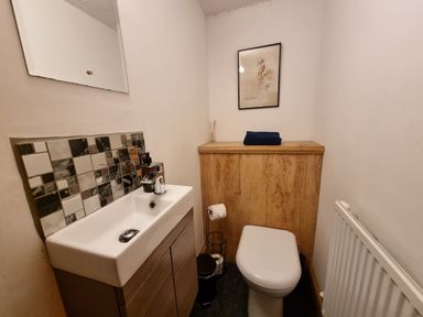 A small bathroom with a sink, toilet, radiator, and a framed picture on the wall at Cringoed House Llanarth near Aberaeron