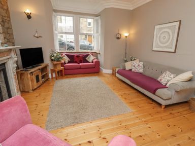 A living room with a television and two sofas at Rose House Alnmouth