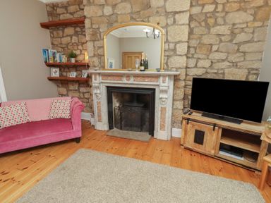 A living room with a fireplace and television at Rose House in Alnmouth