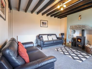 A living room with two leather sofas a wood burning stove and a patterned rug at Ynys in Dyffryn Ardudwy