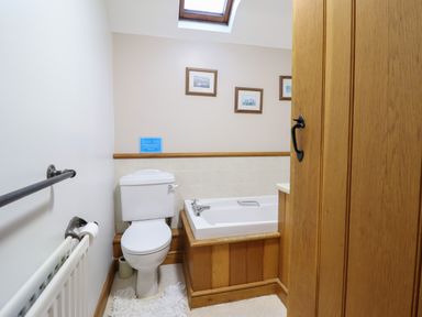 A bathroom with a toilet beside a bathtub under a skylight at Ynys in Dyffryn Ardudwy