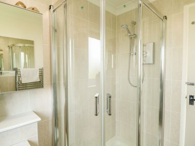 A bathroom with a glass shower enclosure a wall-mounted showerhead a mirror and a towel rail at Gull Cottage in Kessingland
