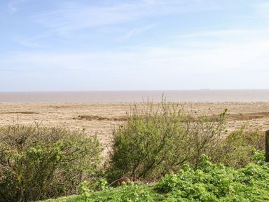 A coastal landscape with bushes in the foreground sandy dunes and the sea in the background at Gull Cottage in Kessingland
