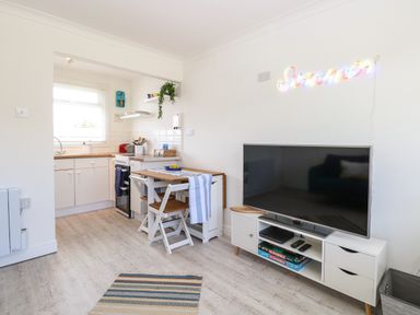 A small kitchen and living area with a TV on a stand and a dining table with chairs at Dollys Lookout in Kessingland