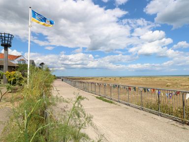 A coastal walkway with a flagpole and vegetation next to a railing decorated with colorful bunting at Dollys Lookout in Kessingland