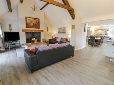 An open living room and dining area with sofas a coffee table a fireplace a television and a dining table with chairs at Bodrual Cottage in Rhosbodrual near Caernarfon