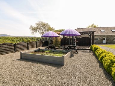 An outdoor area with gravel ground two picnic tables with purple umbrellas a raised garden bed a stone building and green bushes at Bodrual Cottage in Rhosbodrual near Caernarfon