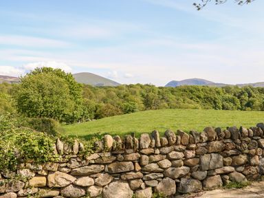 A stone wall in front of a green field with trees and hills in the background at Bodrual Cottage in Rhosbodrual near Caernarfon