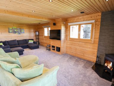 A living room with wood panel walls a green chair a dark sectional sofa a wall-mounted TV and a fireplace at iLodge Ultra Kenwick near Louth