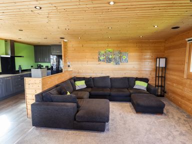 A living room with a large dark sectional sofa and a floor lamp beside wooden walls at iLodge Ultra Kenwick near Louth