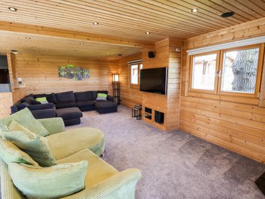 A living room with green and black sofas a wall mounted tv wooden walls and ceiling at iLodge Ultra Kenwick near Louth