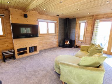 A living room with wooden walls a green sofa a fireplace and a wall mounted television at iLodge Ultra Kenwick near Louth