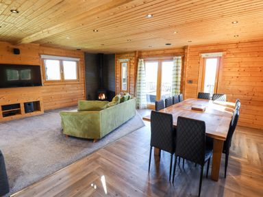 A living room and dining area with a green sofa a wooden dining table with black chairs a wood stove and a wall mounted TV at iLodge Ultra Kenwick near Louth