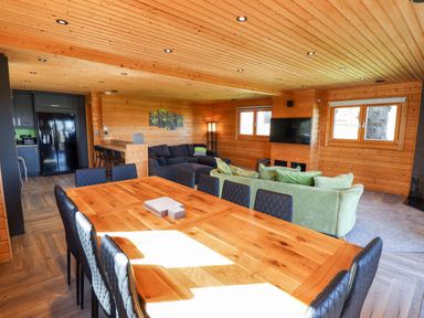 An open plan room with a wooden dining table and black chairs a kitchen area with black cabinets and appliances two sofas and a wall mounted television at iLodge Ultra Kenwick near Louth