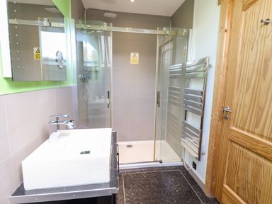 A bathroom with a white sink beside a glass shower enclosure and a wooden door at iLodge Ultra Kenwick near Louth