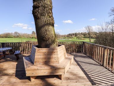 A wooden deck with a built-in bench around a tree and a picnic table with benches at iLodge Ultra in Kenwick near Louth