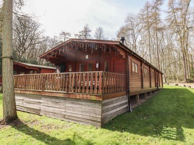 A wooden cabin with a covered porch surrounded by grass and trees at iLodge 73 Kenwick near Louth