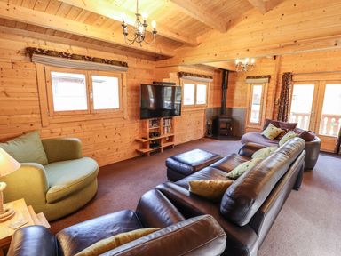 A living room with leather sofas a green armchair a wood burning stove and a mounted television at iLodge 73 Kenwick near Louth