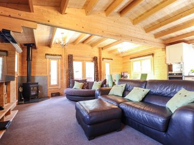 A living room with leather sofas a wood stove and a dining table in a wooden cabin at iLodge 73 Kenwick near Louth