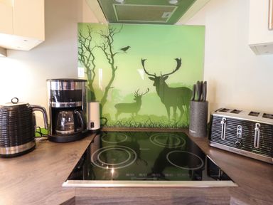 A kitchen countertop with a kettle coffee maker grinder stove knife block and toaster at iLodge 73 Kenwick near Louth