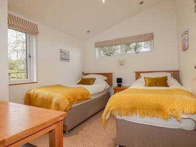 A bedroom with two single beds with yellow blankets and wooden headboards at 10 Faraway Fields in Dobwalls
