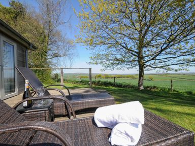 An outdoor patio area with lounge chairs a small table a bottle and glasses overlooking a green field and tree at 10 Faraway Fields Dobwalls