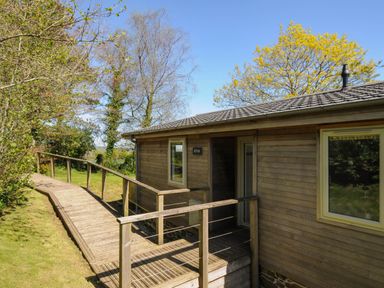 A wooden cabin with a ramp and trees around at 10 Faraway Fields Dobwalls