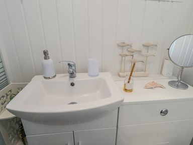 A bathroom sink with a soap dispenser a cup and decorative fish figures on the counter at 23 Cherry Park in Chapel St Leonards