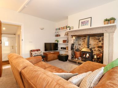 A living room with a brown sofa a stone fireplace with a wood stove a TV and shelves with books at Garden Cottage in Chathill near Beadnell