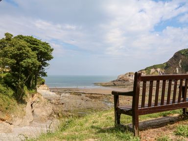 A wooden bench on grassy cliff overlooking a rocky beach and ocean at Beach View in Combe Martin