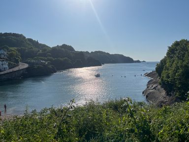 A coastal bay with boats in the water surrounded by trees and rocky cliffs at Beach View in Combe Martin