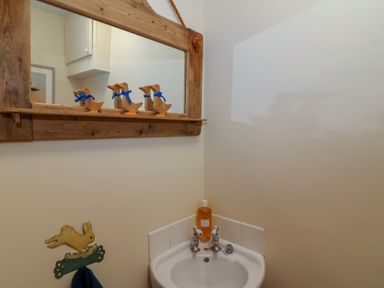 A corner sink with a bottle of soap a wooden mirror above with three wooden duck decorations and a rabbit shaped towel holder at Canny Croft in Chilton Polden near Street