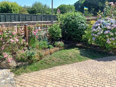 A garden with flowers bushes and a paved pathway at Woodbine Cottage in Mylor Bridge Nr Falmouth