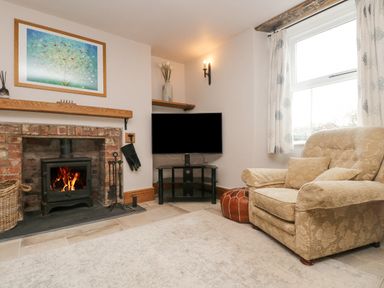 A living room with a fireplace a television and an armchair at Woodbine Cottage in Mylor Bridge Nr Falmouth