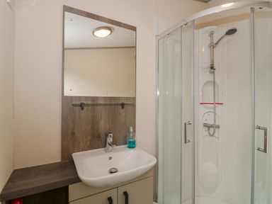A bathroom with a sink and mirror next to a glass shower enclosure at Gwydn Lodge in Downton Hampshire