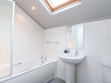 A bathroom with a bathtub a sink a mirror and a skylight at Snowflake Cottage in Windermere
