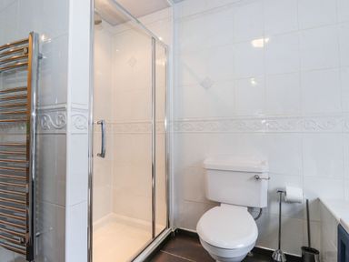 A bathroom with a glass shower enclosure a toilet and a chrome towel radiator at Snowflake Cottage in Windermere